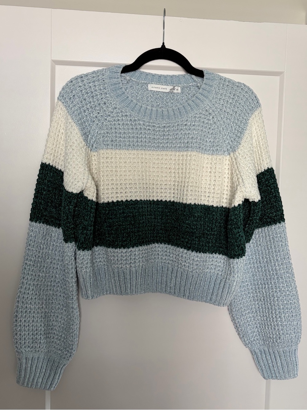Altar’d State Striped Crewneck Sweater in Light Blue, Cream & Dark Green